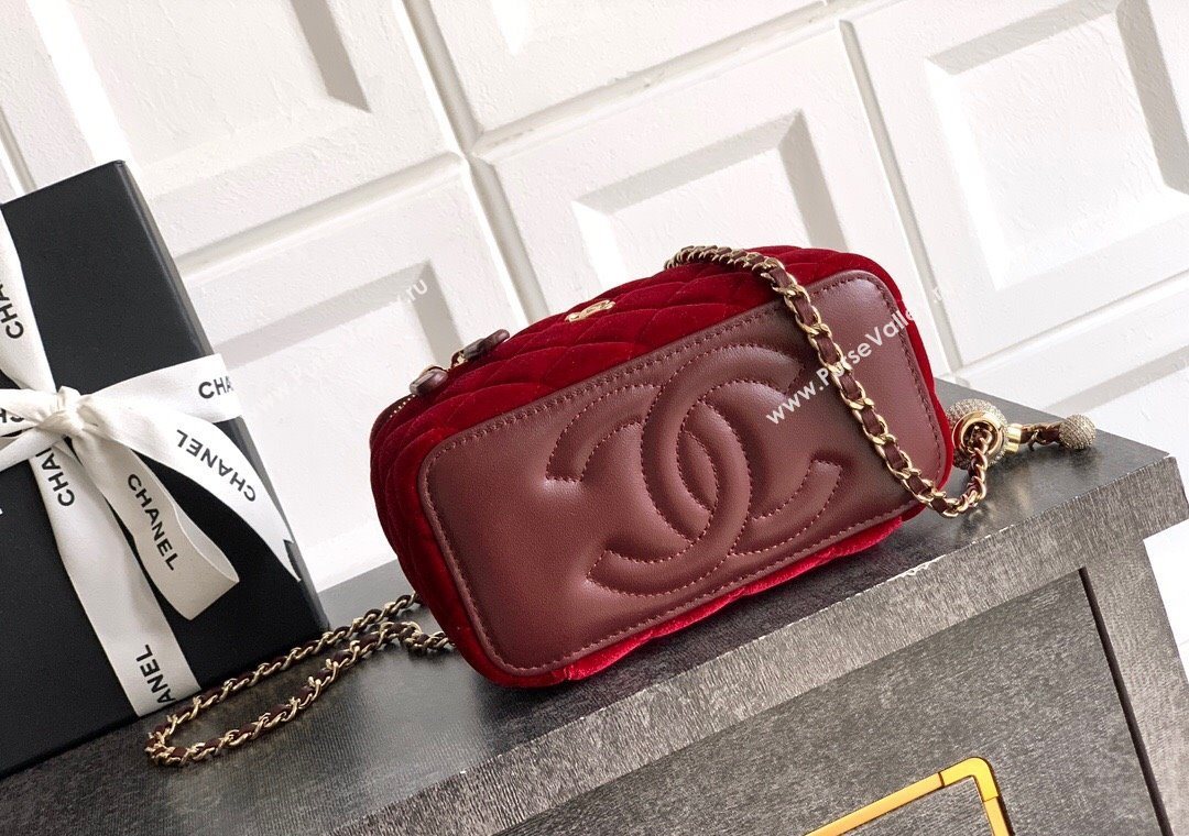 Chanel Velvet Vanity Case with Chain and Strass Ball Red 2025 CH101007 (yezi-251010127)