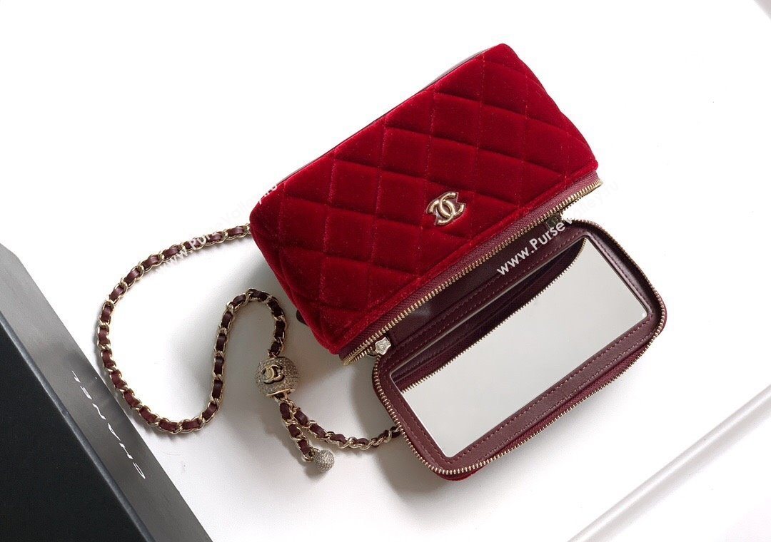 Chanel Velvet Vanity Case with Chain and Strass Ball Red 2025 CH101007 (yezi-251010127)