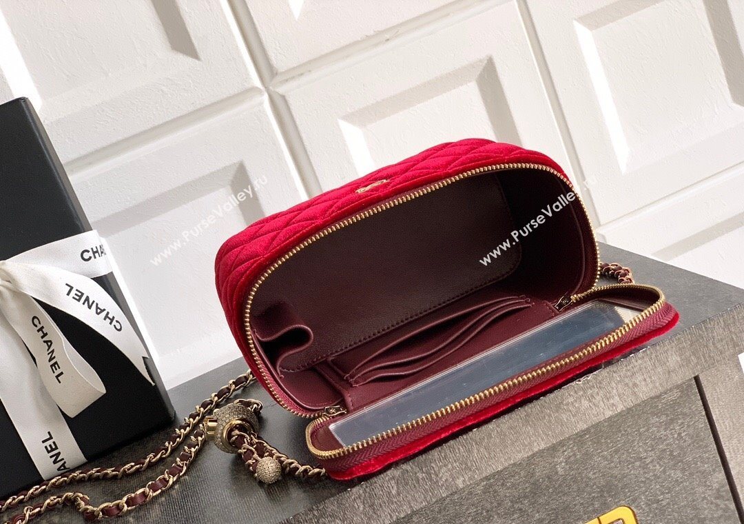 Chanel Velvet Vanity Case with Chain and Strass Ball Red 2025 CH101007 (yezi-251010127)