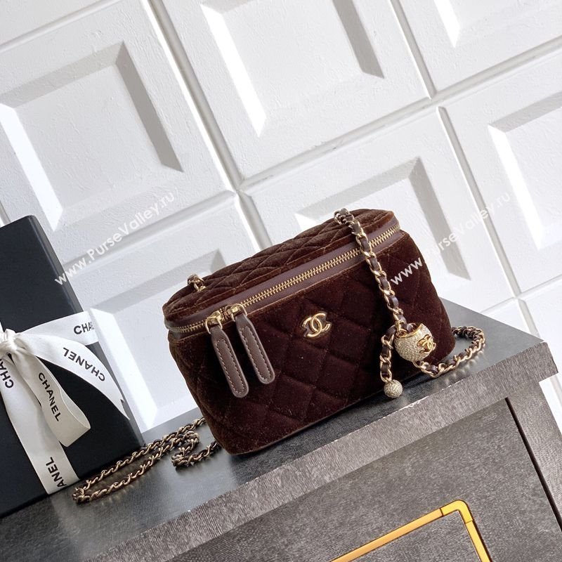 Chanel Velvet Vanity Case with Chain and Strass Ball Coffee Brown 2025 CH101007 (yezi-251010128)