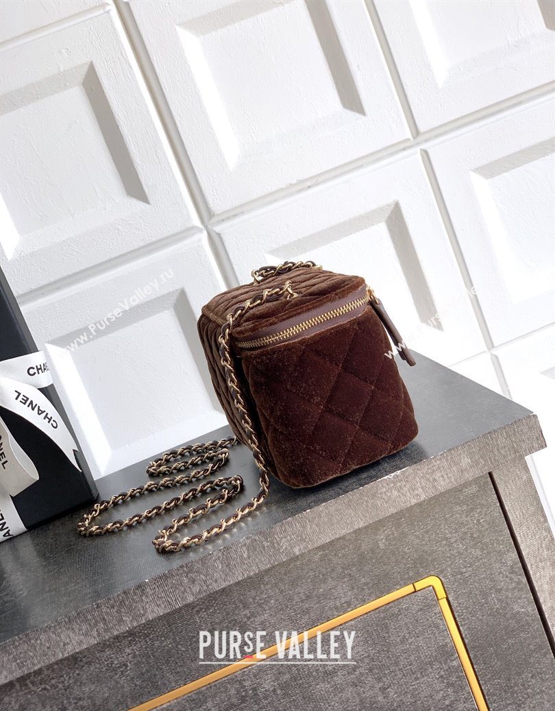 Chanel Velvet Vanity Case with Chain and Strass Ball Coffee Brown 2025 CH101007 (yezi-251010128)