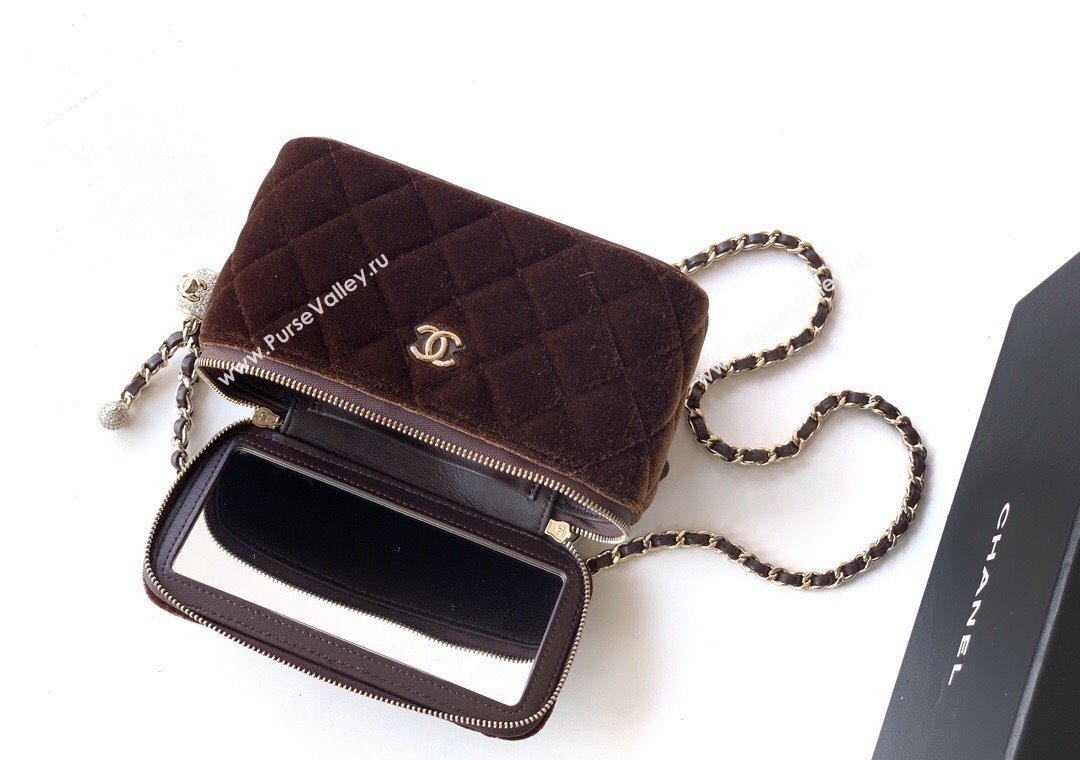 Chanel Velvet Vanity Case with Chain and Strass Ball Coffee Brown 2025 CH101007 (yezi-251010128)