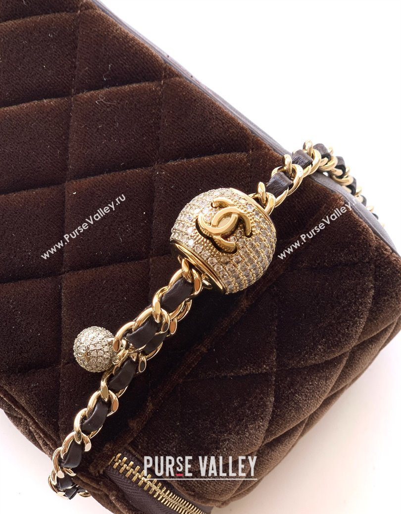 Chanel Velvet Vanity Case with Chain and Strass Ball Coffee Brown 2025 CH101007 (yezi-251010128)
