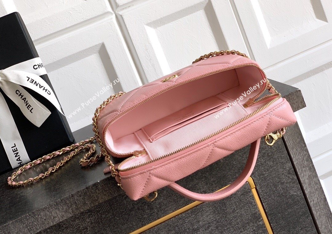 Chanel Grained Shiny Calfskin Vanity Case with Chain and Top Handle Cherry Pink 2025 AP4936 (yezi-251010130)