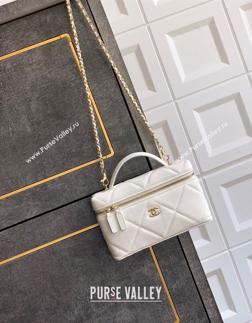 Chanel Grained Shiny Calfskin Vanity Case with Chain and Top Handle White/Gold 2025 AP4936 (yezi-251010131)