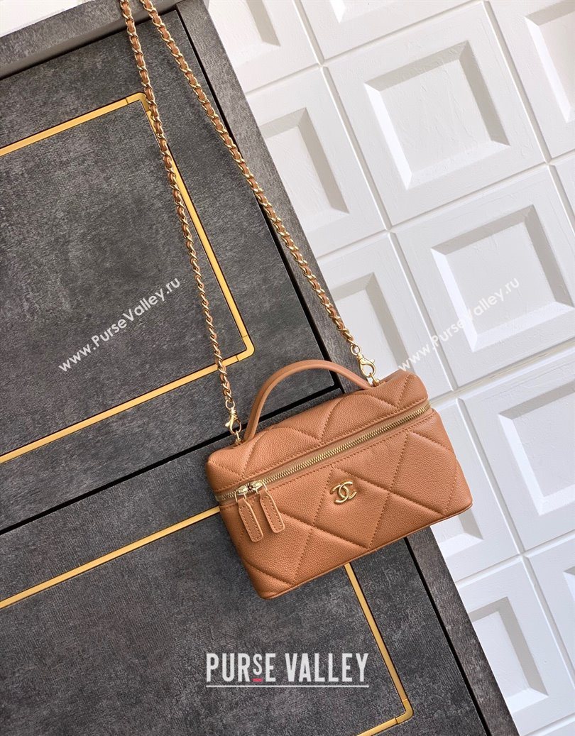 Chanel Grained Shiny Calfskin Vanity Case with Chain and Top Handle Caramel Brown 2025 AP4936 (yezi-251010133)