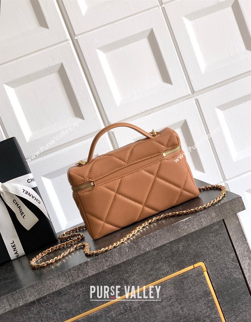 Chanel Grained Shiny Calfskin Vanity Case with Chain and Top Handle Caramel Brown 2025 AP4936 (yezi-251010133)