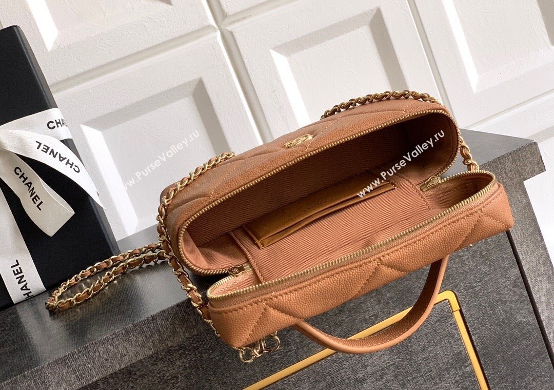 Chanel Grained Shiny Calfskin Vanity Case with Chain and Top Handle Caramel Brown 2025 AP4936 (yezi-251010133)