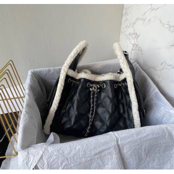 Chanel Quilted Calfskin 25 Small Handbag with Furry Charm AS5293 Black/Silver 2025 (yezi-251011001)