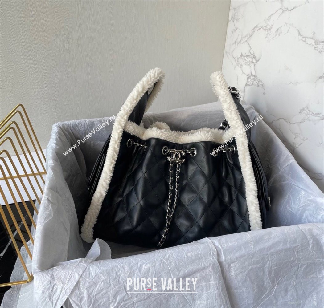 Chanel Quilted Calfskin 25 Small Handbag with Furry Charm AS5293 Black/Silver 2025 (yezi-251011001)