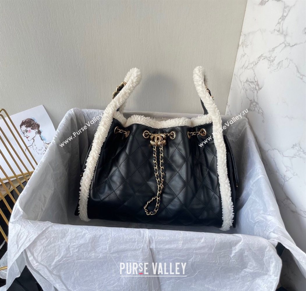 Chanel Quilted Calfskin 25 Small Handbag with Furry Charm AS5293 Black/Gold 2025 (yezi-251011002)