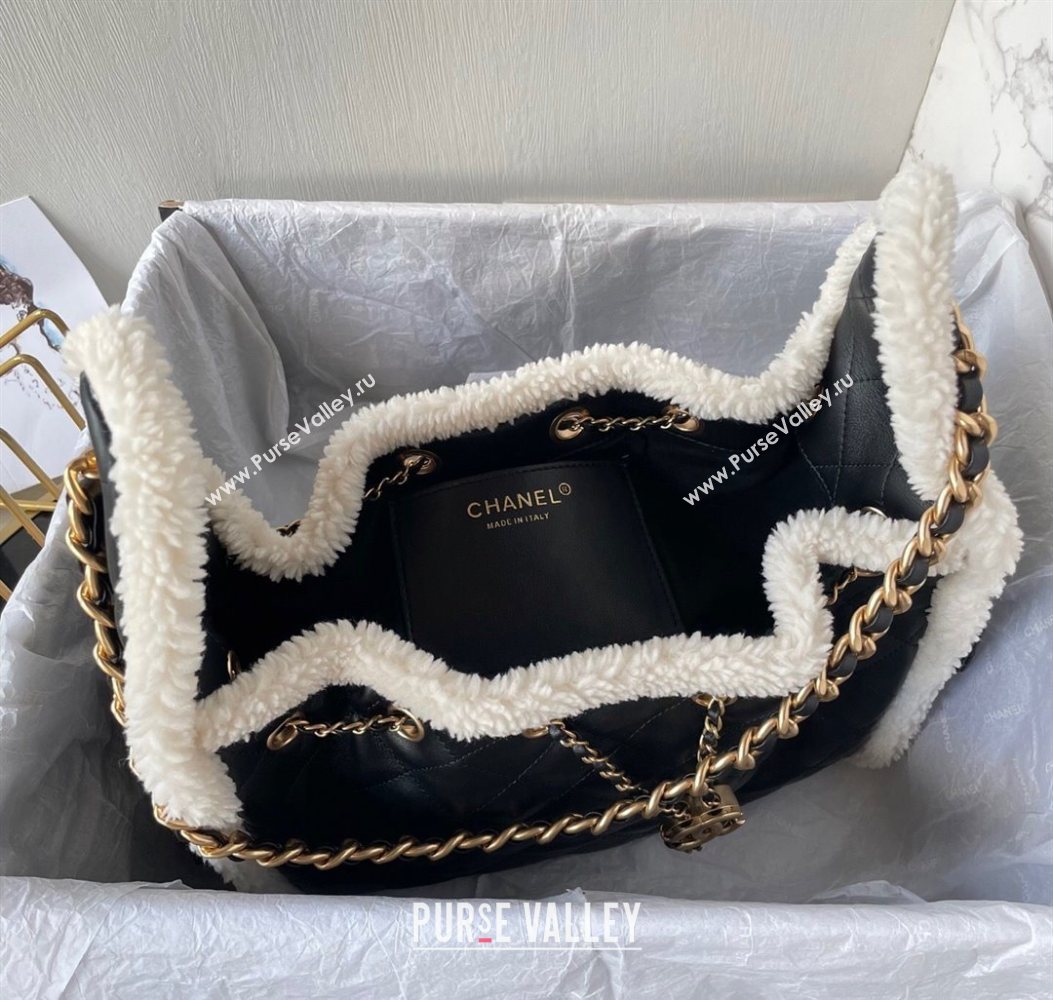 Chanel Quilted Calfskin 25 Small Handbag with Furry Charm AS5293 Black/Gold 2025 (yezi-251011002)