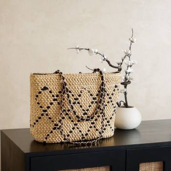 Chanel Raffia Straw Large Shopping Bag Beige/Black 2025 CH101003 (yezi-251010077)