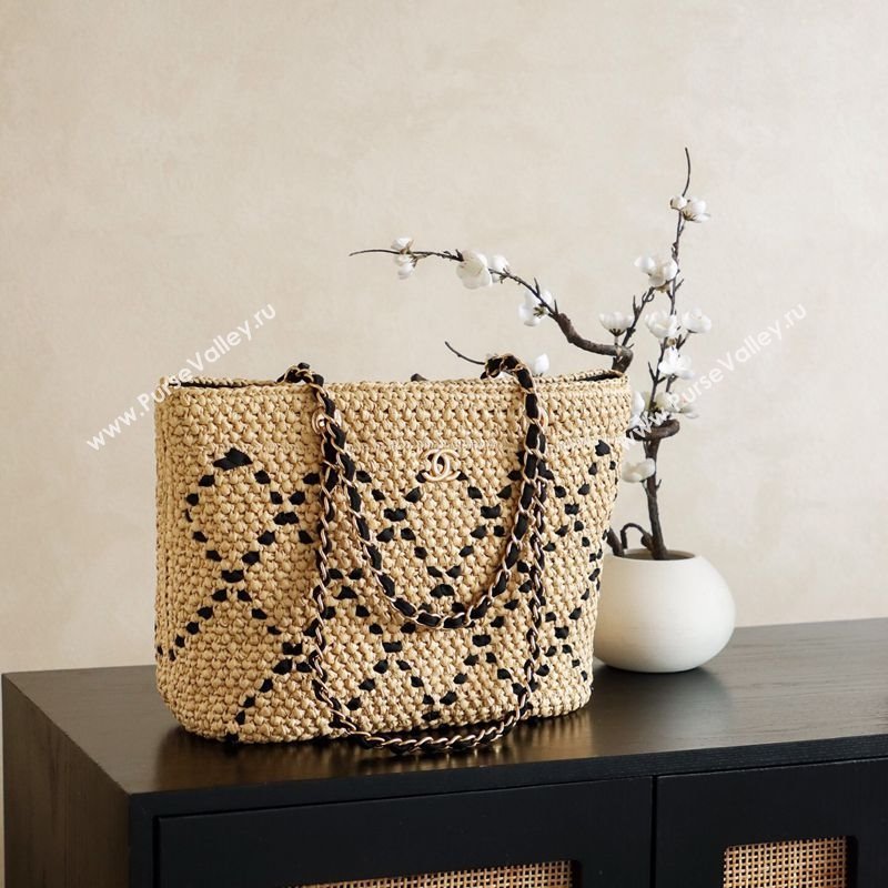 Chanel Raffia Straw Large Shopping Bag Beige/Black 2025 CH101003 (yezi-251010077)