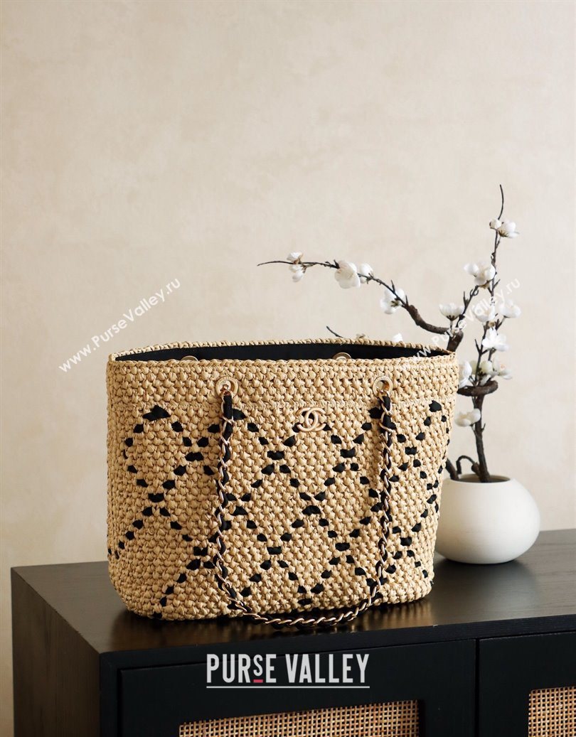 Chanel Raffia Straw Large Shopping Bag Beige/Black 2025 CH101003 (yezi-251010077)