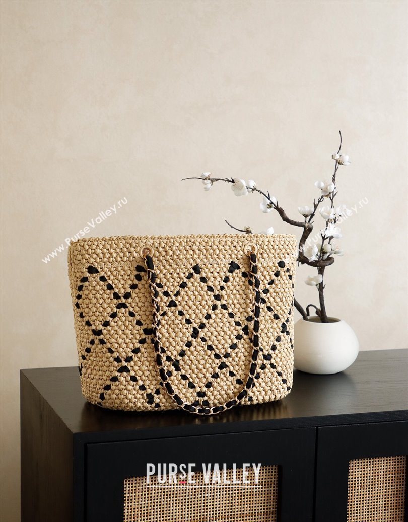 Chanel Raffia Straw Large Shopping Bag Beige/Black 2025 CH101003 (yezi-251010077)