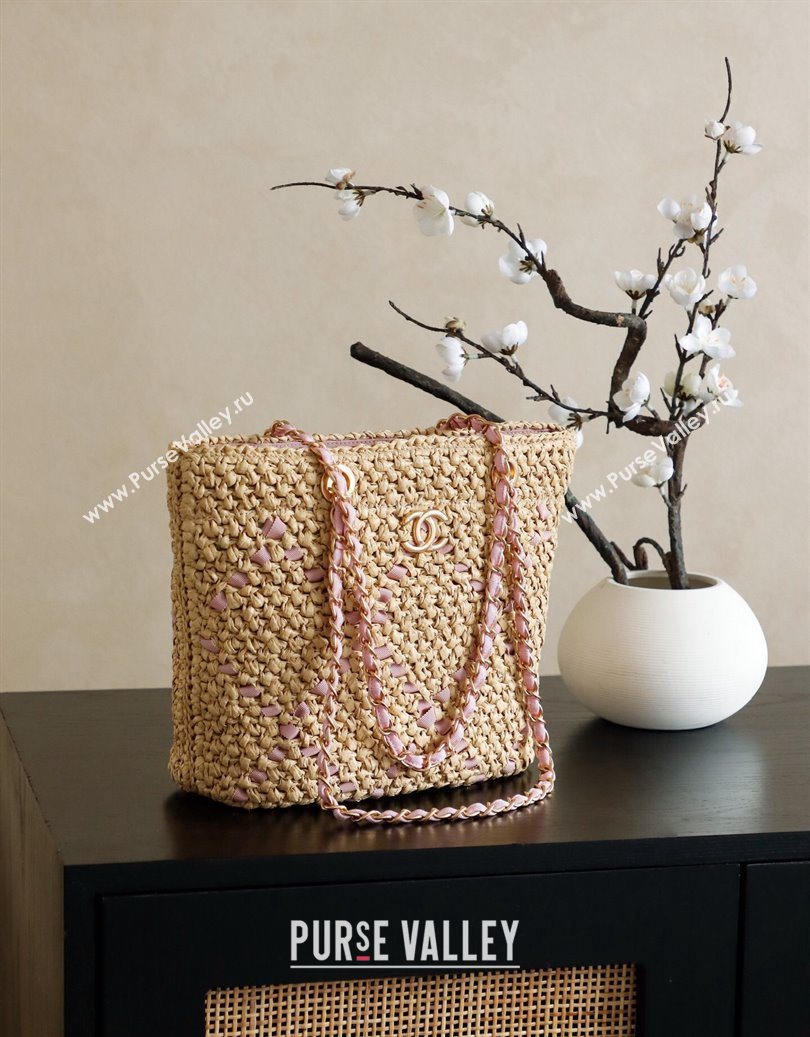 Chanel Raffia Straw Small Shopping Bag Beige/Pink 2025 CH101003 (yezi-251010078)