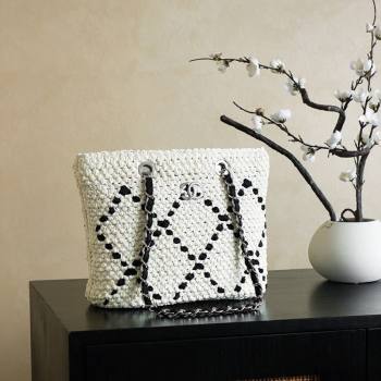 Chanel Raffia Straw Small Shopping Bag White/Black 2025 CH101003 (yezi-251010079)