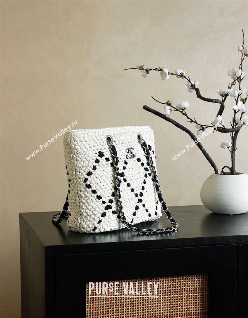 Chanel Raffia Straw Small Shopping Bag White/Black 2025 CH101003 (yezi-251010079)
