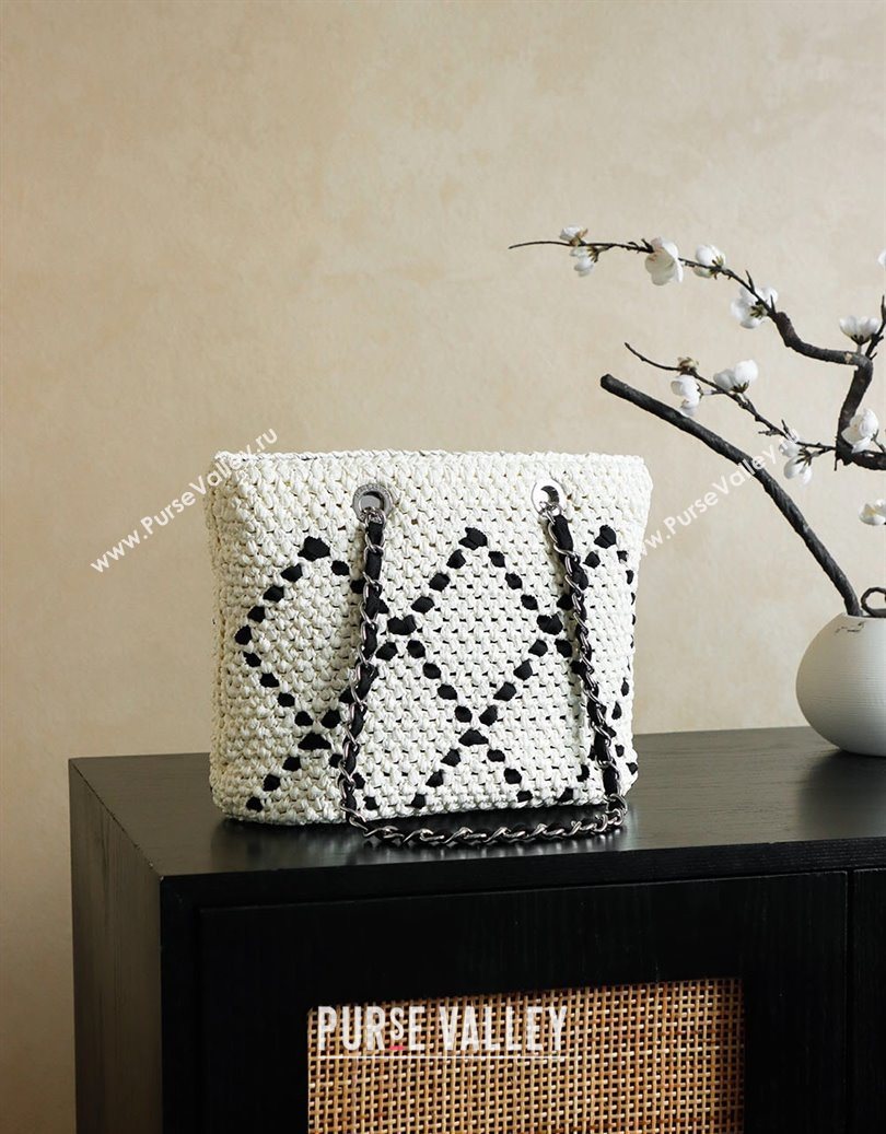 Chanel Raffia Straw Small Shopping Bag White/Black 2025 CH101003 (yezi-251010079)