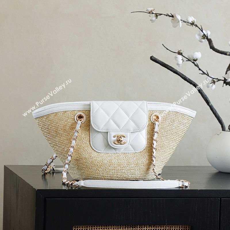 Chanel Raffia Straw and Calfskin Small Shopping Bag White/Beige 2025 AS5951 (yezi-251010082)