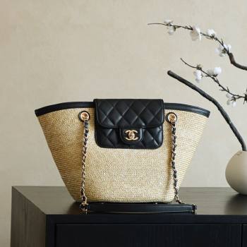 Chanel Raffia Straw and Calfskin Large Shopping Bag Beige/Black 2025 AS5951 (yezi-251010085)