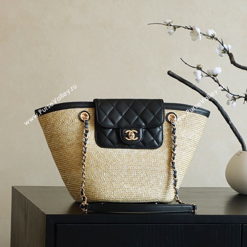 Chanel Raffia Straw and Calfskin Large Shopping Bag Beige/Black 2025 AS5951 (yezi-251010085)