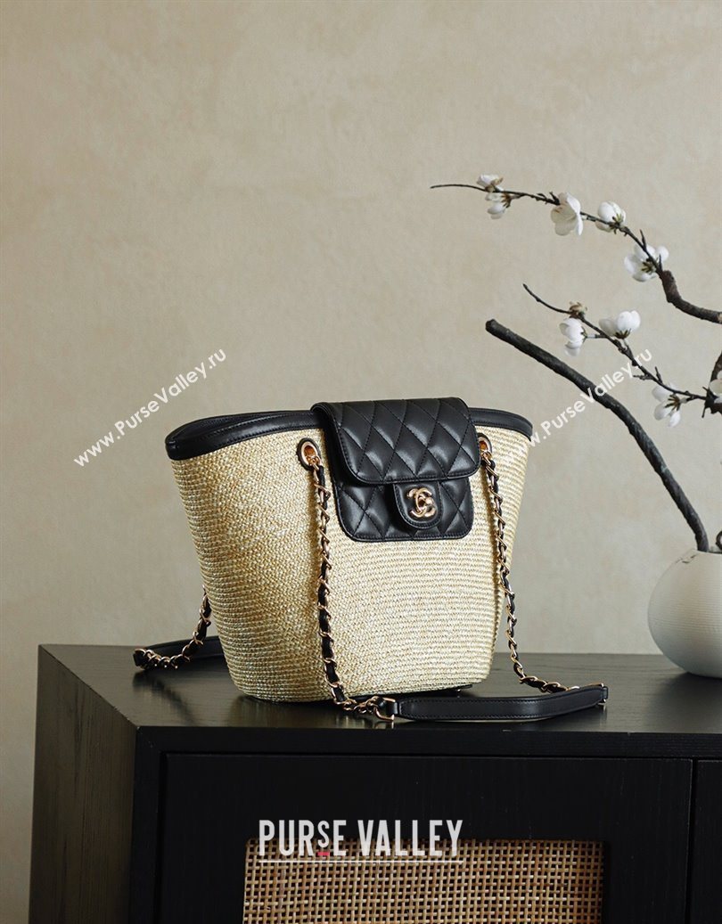 Chanel Raffia Straw and Calfskin Large Shopping Bag Beige/Black 2025 AS5951 (yezi-251010085)