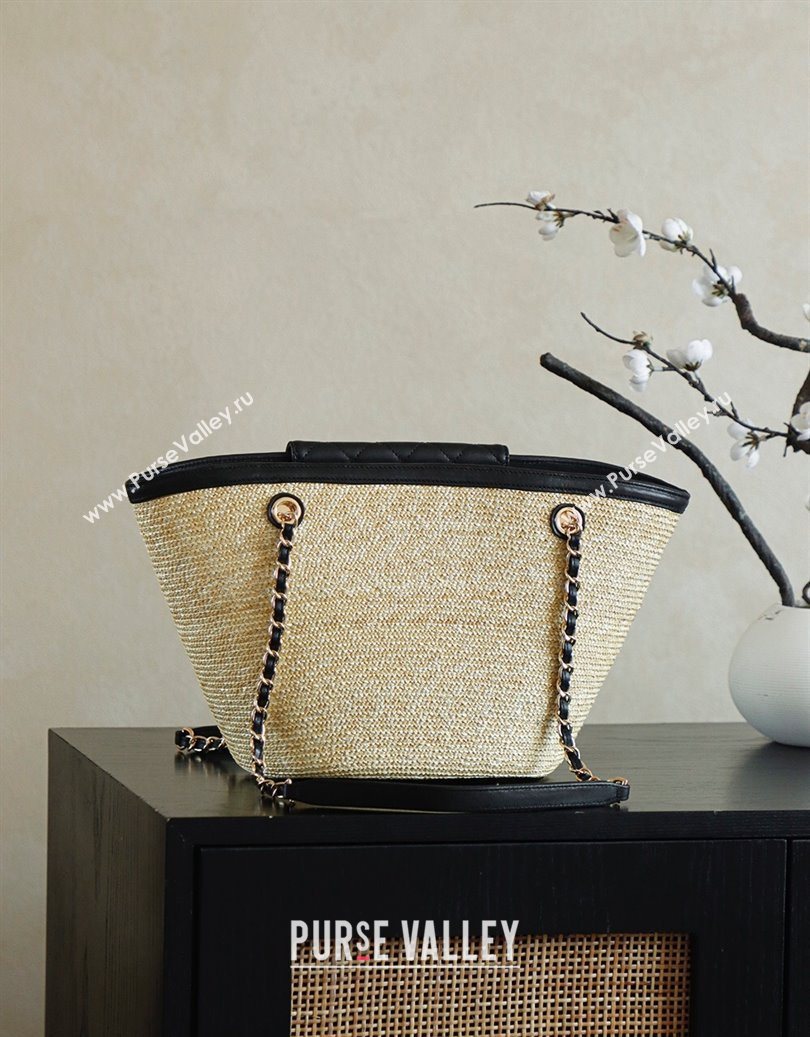 Chanel Raffia Straw and Calfskin Large Shopping Bag Beige/Black 2025 AS5951 (yezi-251010085)