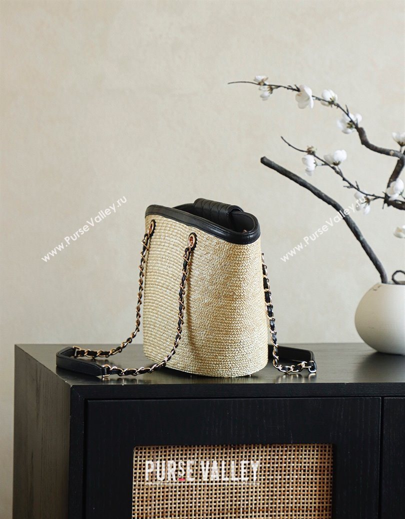 Chanel Raffia Straw and Calfskin Large Shopping Bag Beige/Black 2025 AS5951 (yezi-251010085)
