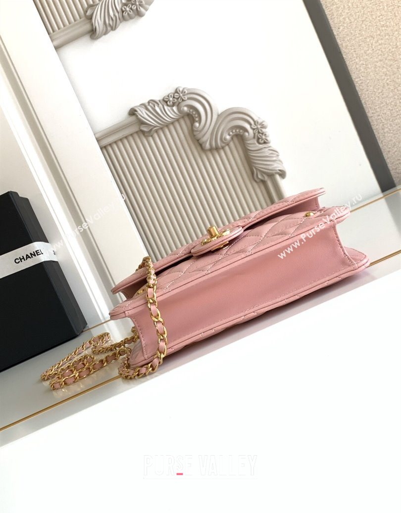 Chanel Shiny Lambskin Wallet with chain and Top Handle Light Pink 2025 AP4674 (yezi-251009091)
