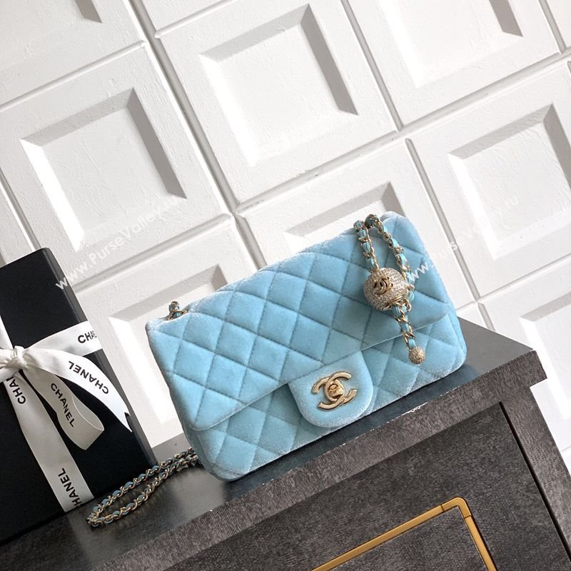 Chanel Velvet Mini Flap Bag with Strass Ball Ice Blue 2025 AS1787 (yezi-251010045)