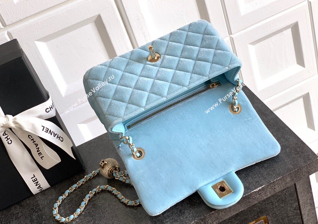 Chanel Velvet Mini Flap Bag with Strass Ball Ice Blue 2025 AS1787 (yezi-251010045)