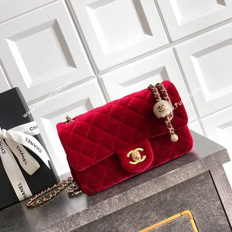 Chanel Velvet Mini Flap Bag with Strass Ball Red 2025 AS1787 (yezi-251010046)