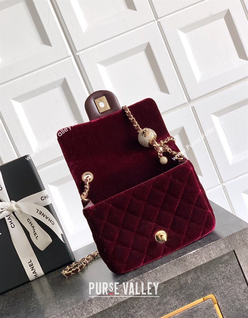 Chanel Velvet Mini Square Flap Bag with Strass Ball Burgundy 2025 AS1786 (yezi-251010051)