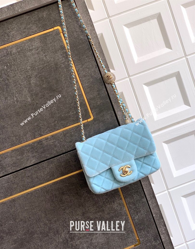 Chanel Velvet Mini Square Flap Bag with Strass Ball Ice Blue 2025 AS1786 (yezi-251010052)