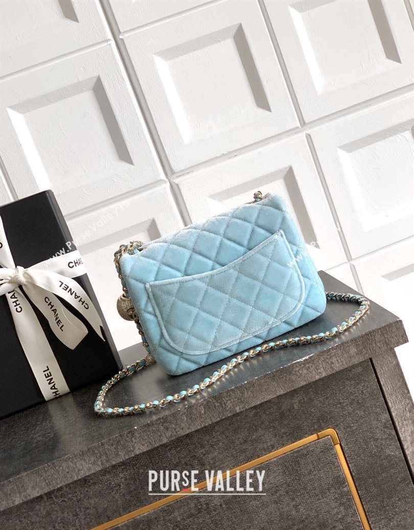 Chanel Velvet Mini Square Flap Bag with Strass Ball Ice Blue 2025 AS1786 (yezi-251010052)