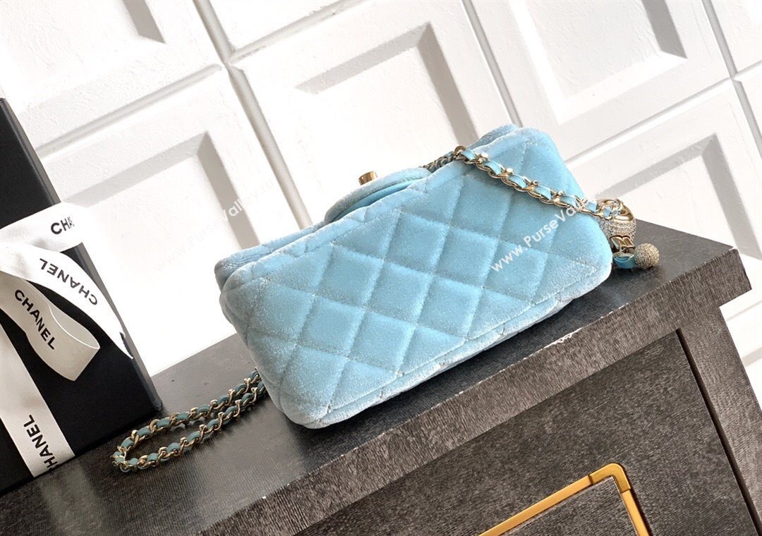 Chanel Velvet Mini Square Flap Bag with Strass Ball Ice Blue 2025 AS1786 (yezi-251010052)