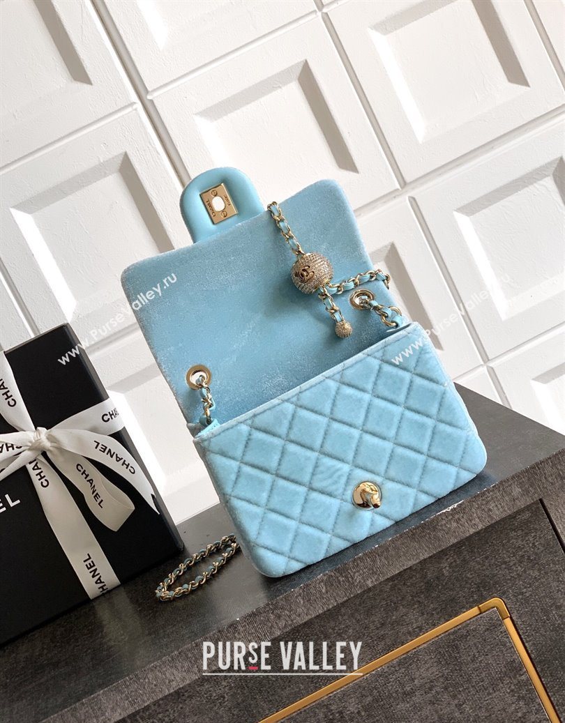Chanel Velvet Mini Square Flap Bag with Strass Ball Ice Blue 2025 AS1786 (yezi-251010052)