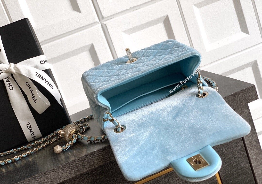 Chanel Velvet Mini Square Flap Bag with Strass Ball Ice Blue 2025 AS1786 (yezi-251010052)