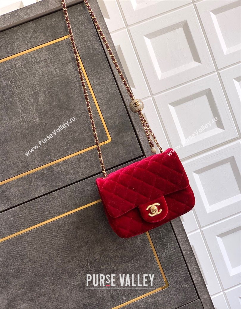 Chanel Velvet Mini Square Flap Bag with Strass Ball Red 2025 AS1786 (yezi-251010053)