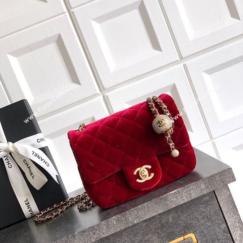 Chanel Velvet Mini Square Flap Bag with Strass Ball Red 2025 AS1786 (yezi-251010053)