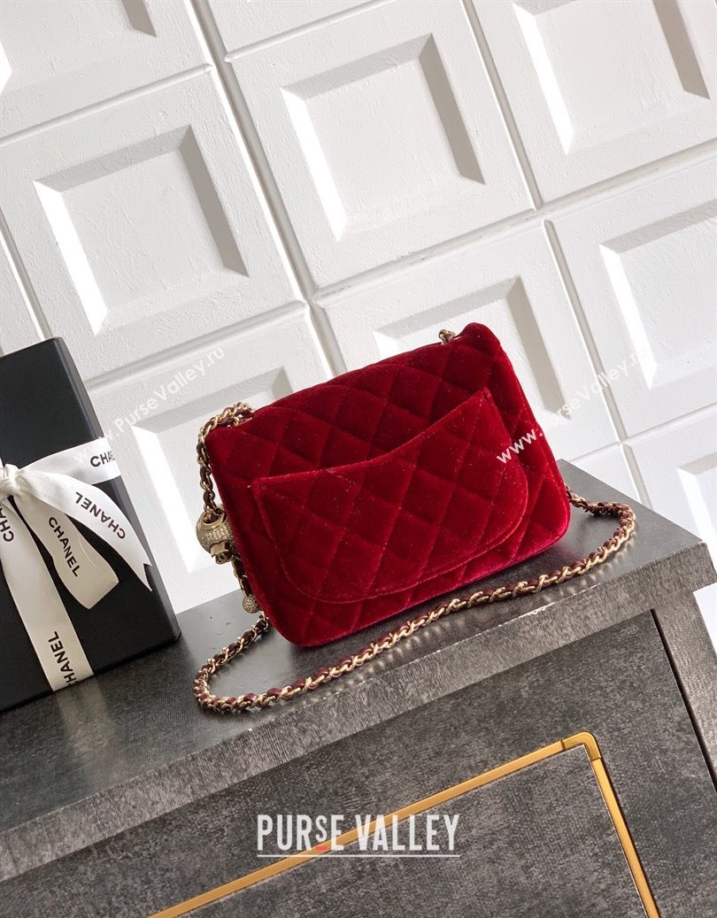 Chanel Velvet Mini Square Flap Bag with Strass Ball Red 2025 AS1786 (yezi-251010053)