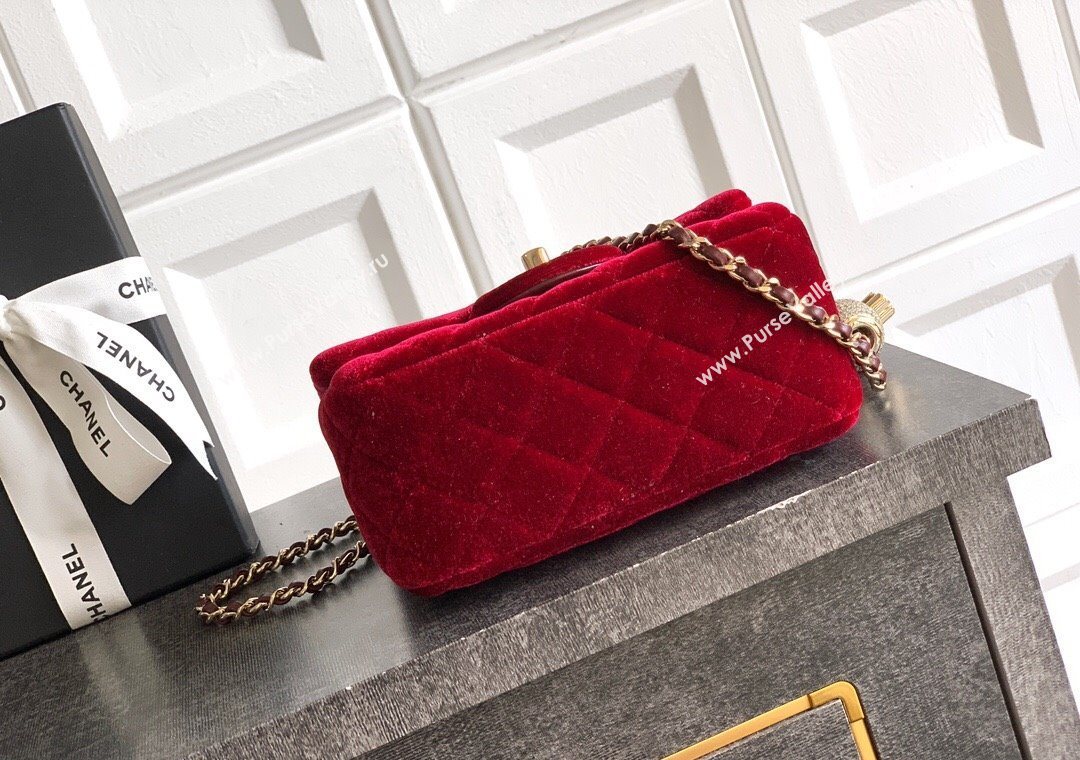 Chanel Velvet Mini Square Flap Bag with Strass Ball Red 2025 AS1786 (yezi-251010053)