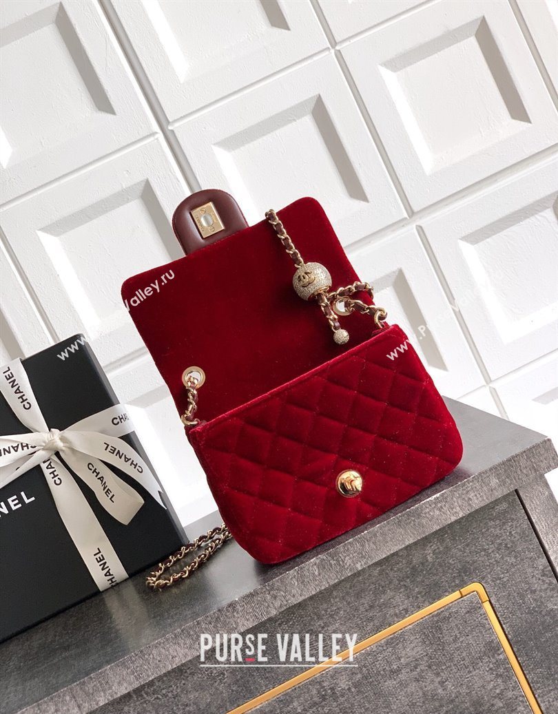 Chanel Velvet Mini Square Flap Bag with Strass Ball Red 2025 AS1786 (yezi-251010053)