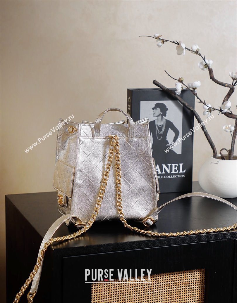 Chanel Grained Calfskin 25 Medium Backpack Bag Champagne Gold 2025 AS5600 (yezi-251009097)