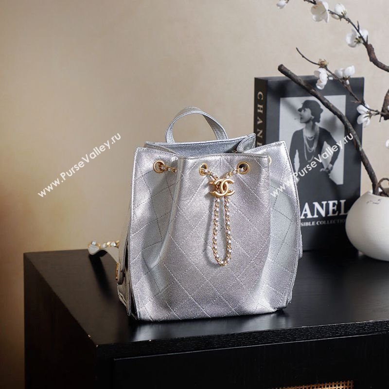 Chanel Grained Calfskin 25 Medium Backpack Bag Silver 2025 AS5600 (yezi-251009100)