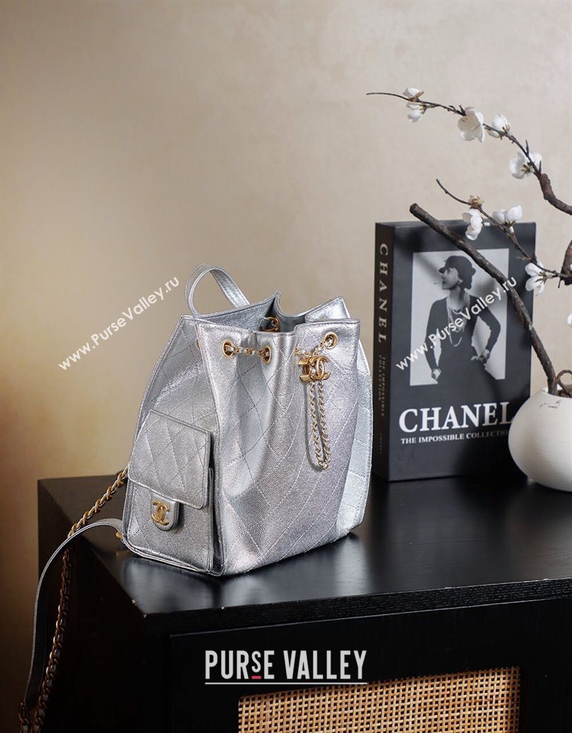 Chanel Grained Calfskin 25 Medium Backpack Bag Silver 2025 AS5600 (yezi-251009100)
