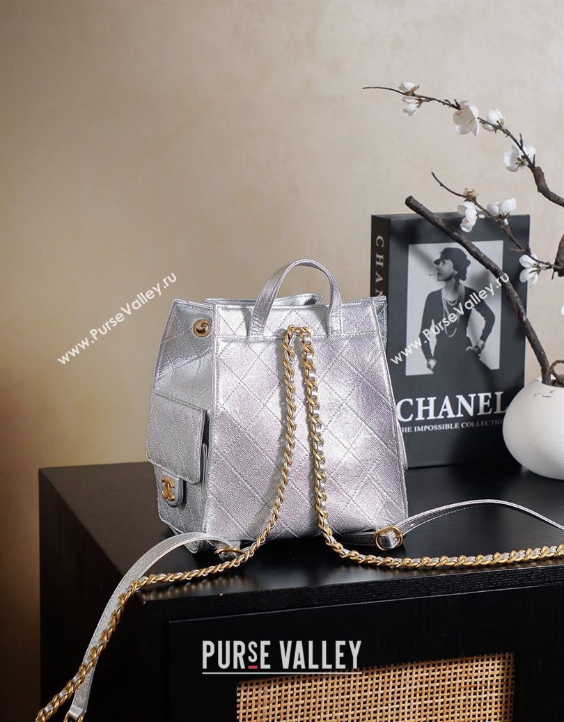 Chanel Grained Calfskin 25 Medium Backpack Bag Silver 2025 AS5600 (yezi-251009100)