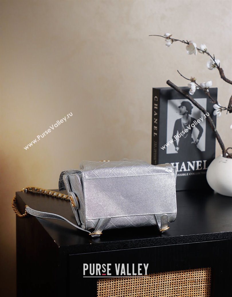 Chanel Grained Calfskin 25 Medium Backpack Bag Silver 2025 AS5600 (yezi-251009100)